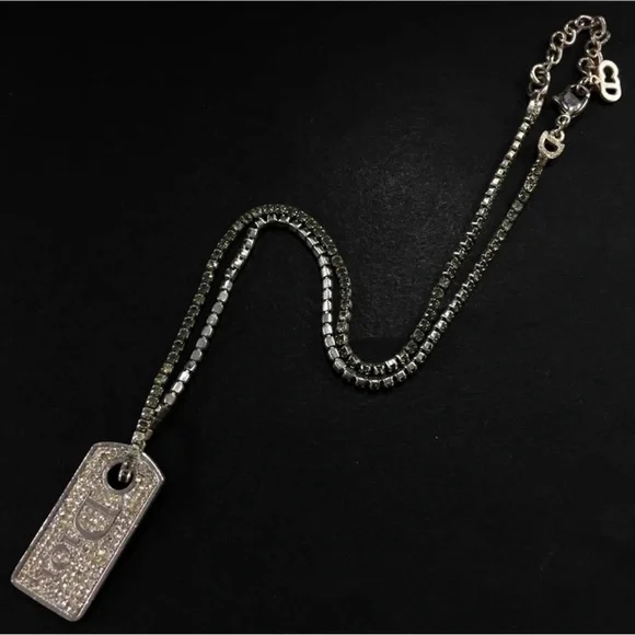 Authentic Christian Dior Logo Plate Rhinestone Silver Tone Pendant Necklace - Picture 14 of 16